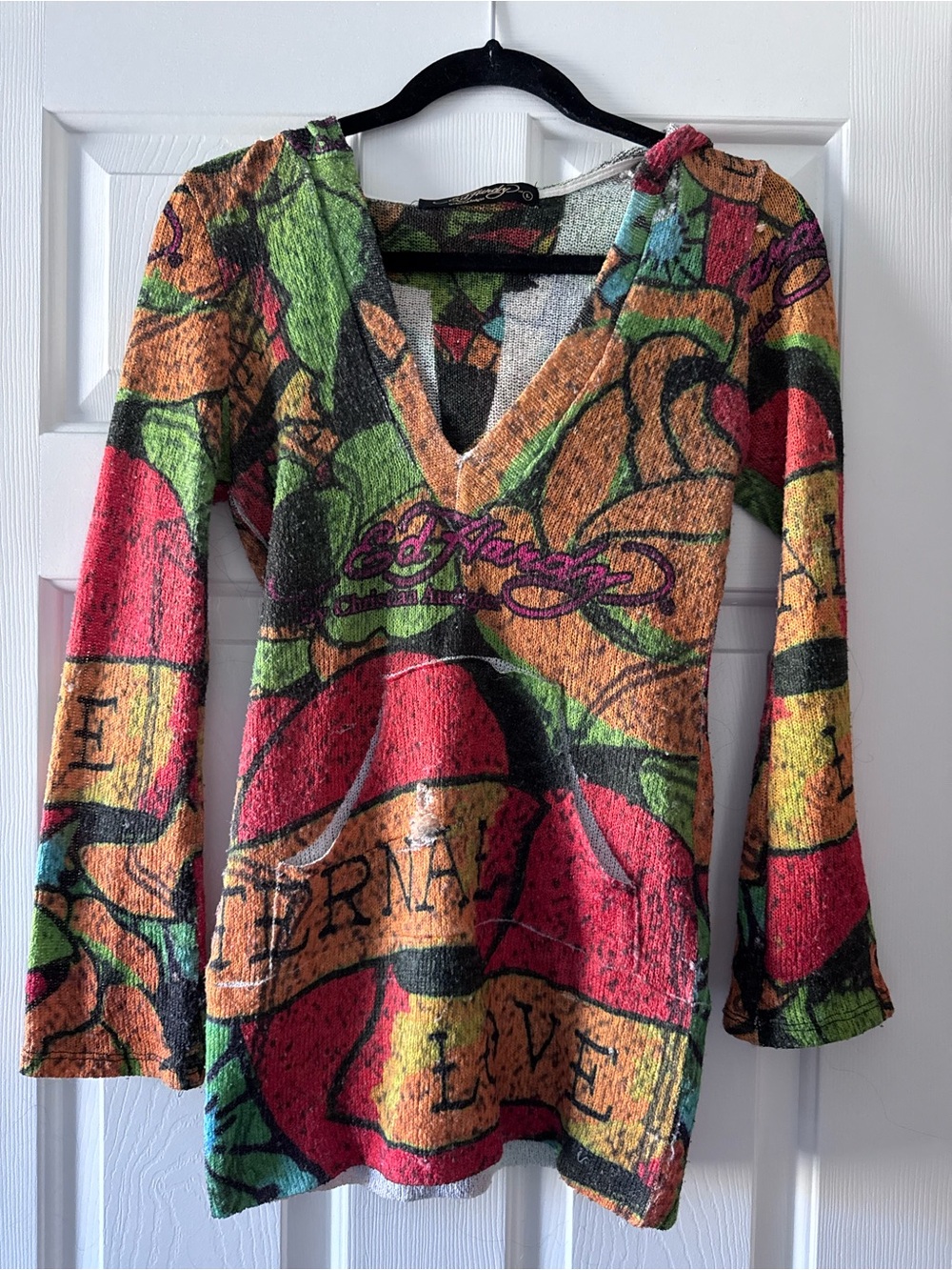 Ed Hardy Christian Audigier Graphic Knit Top L Y2K Tattoo V-Neck Sweater Vintage